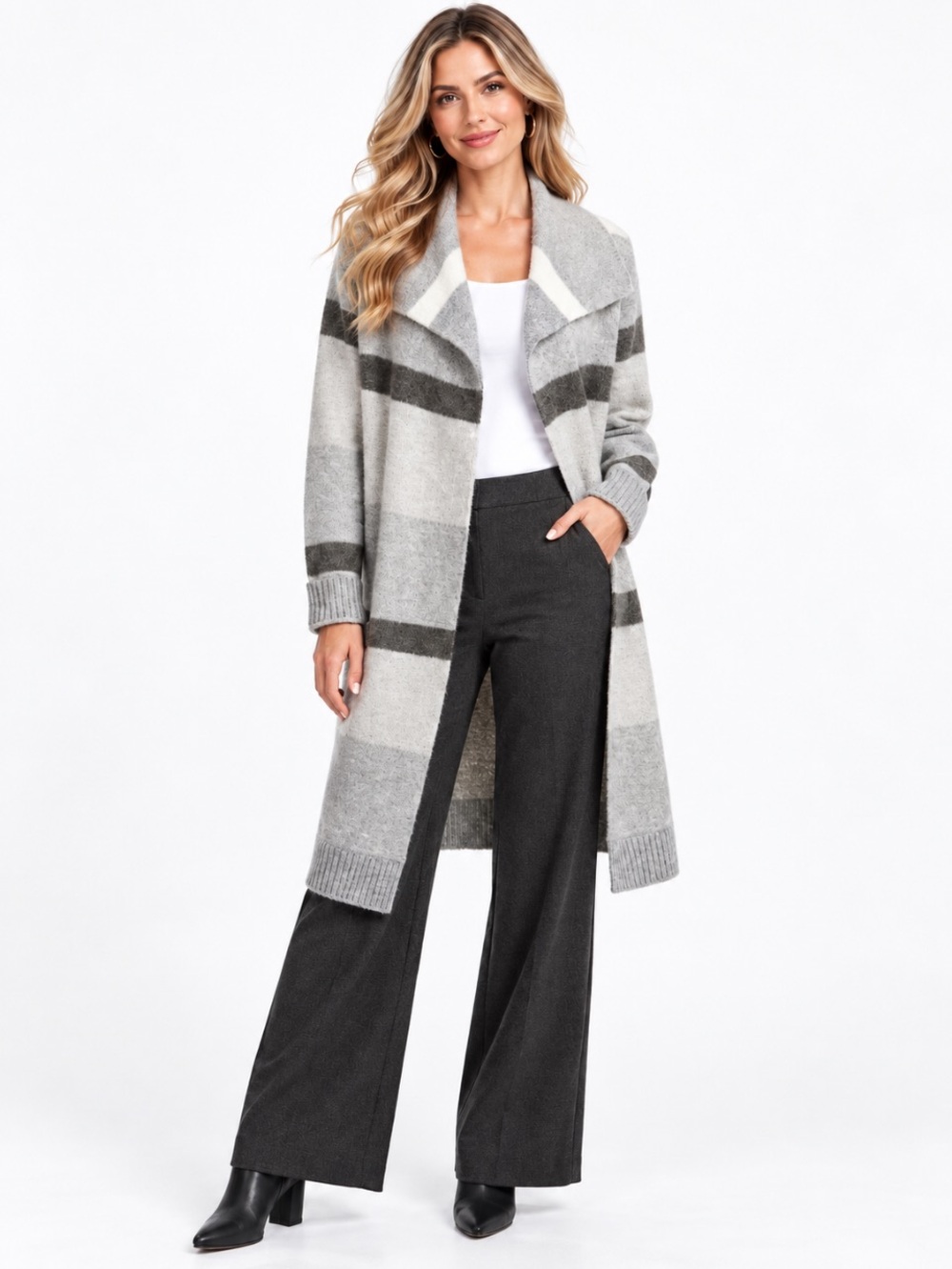 RED Gray White Charcoal Striped Open Front Long Cardigan Size Medium